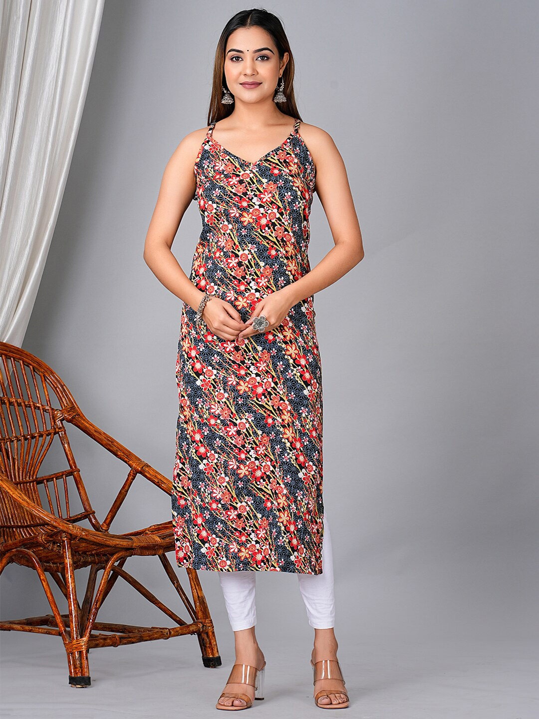 

KPF Shoulder Straps Floral Printed Straight Kurta, Black