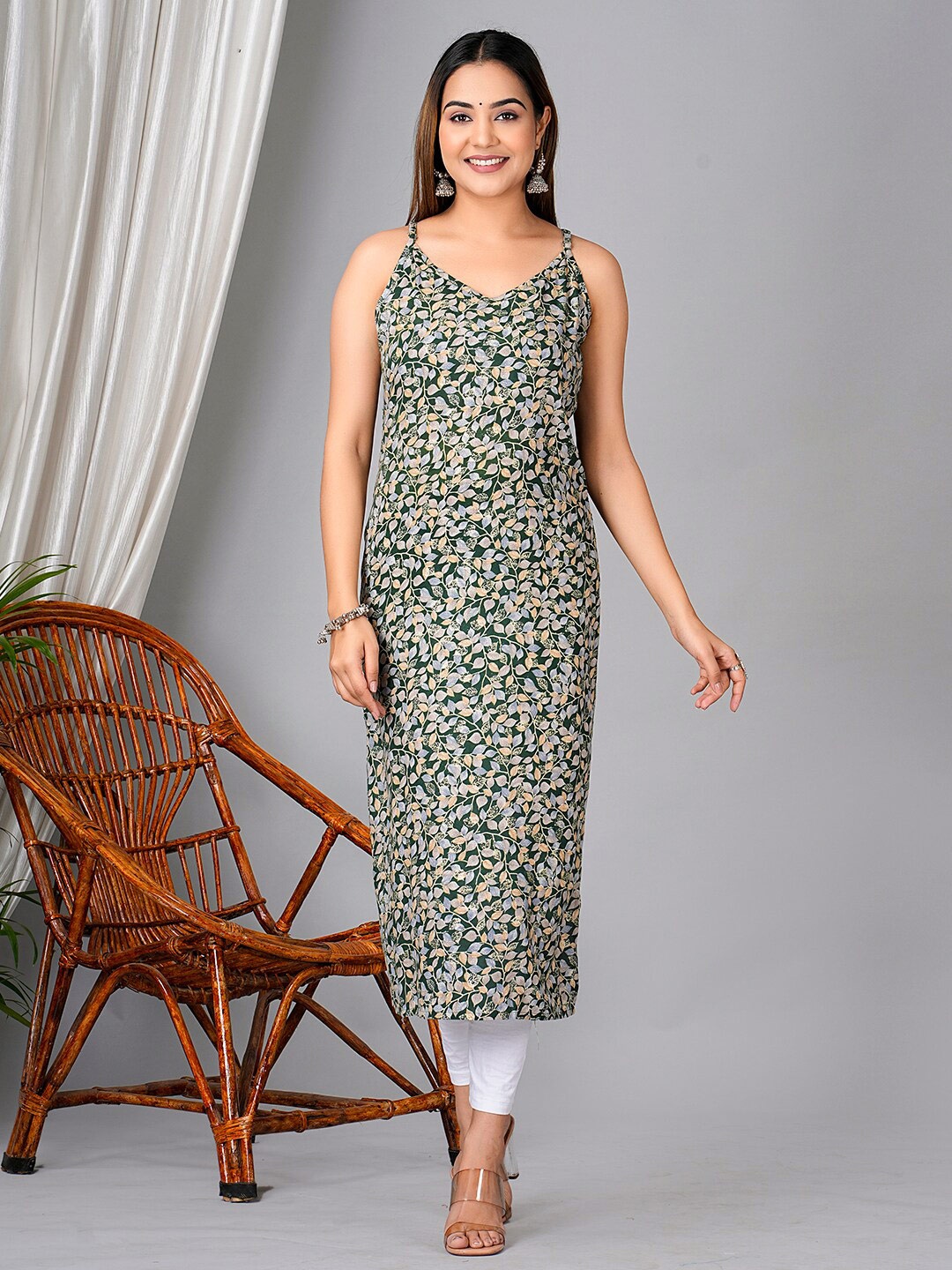 

KPF Floral Printed Shoulder Straps Straight Kurta, Green