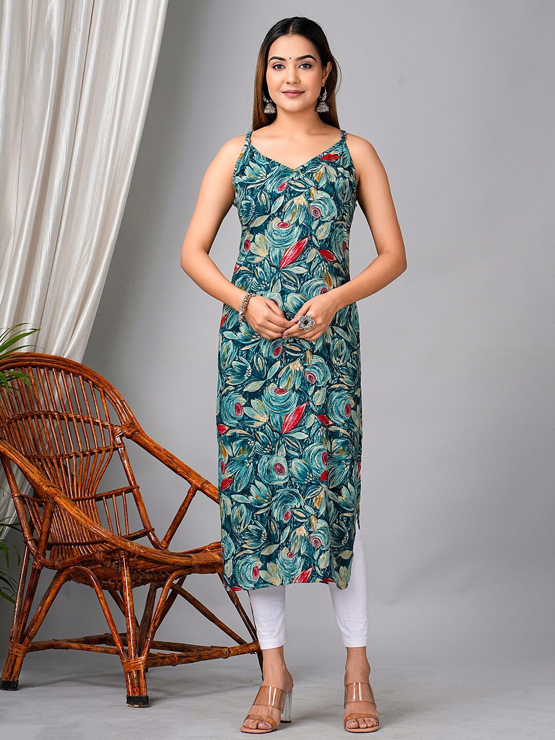 

KPF Floral Printed Shoulder Straps Straight Kurta, Green