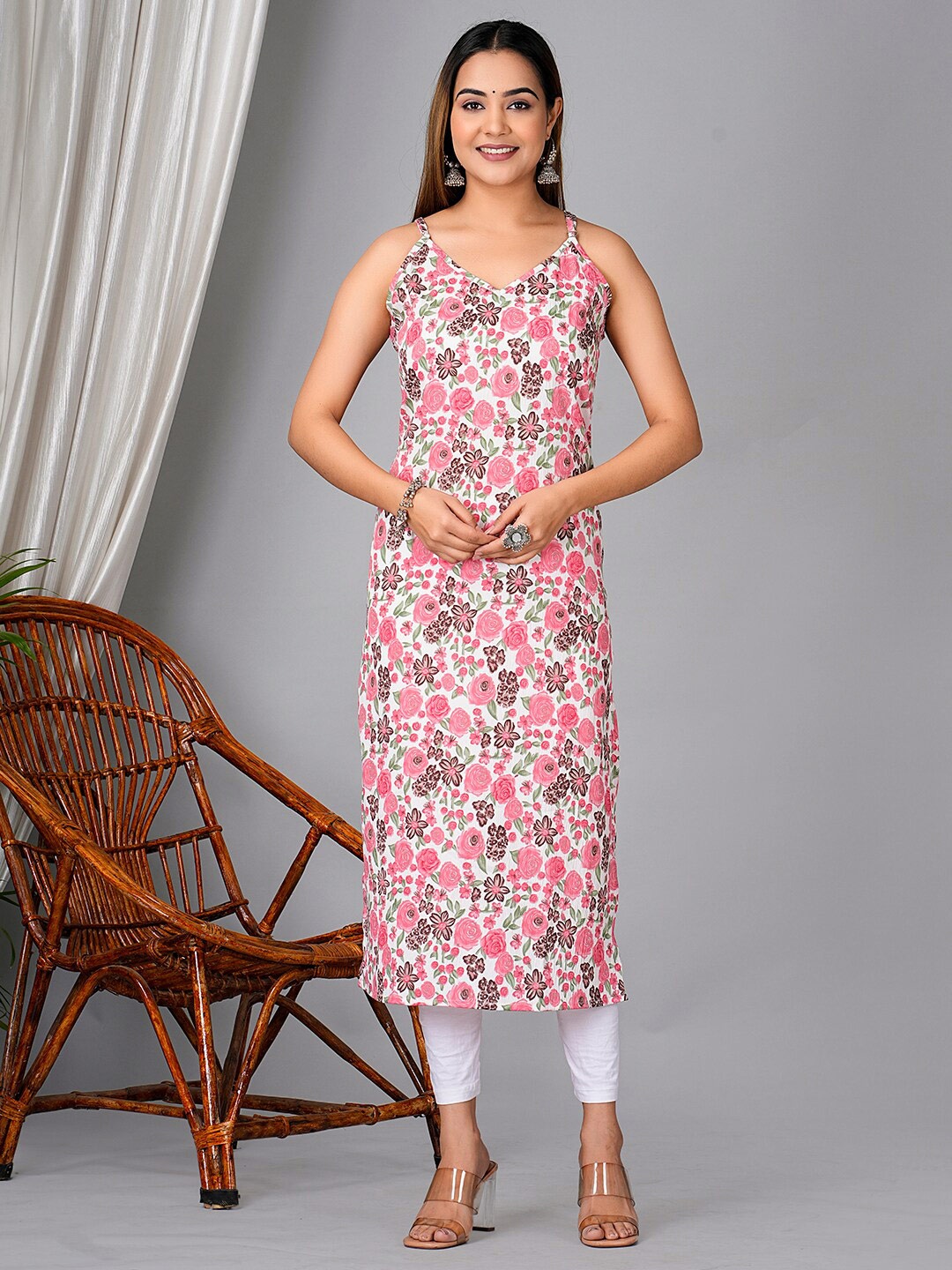 

KPF Floral Printed Shoulder Straps Straight Kurta, White