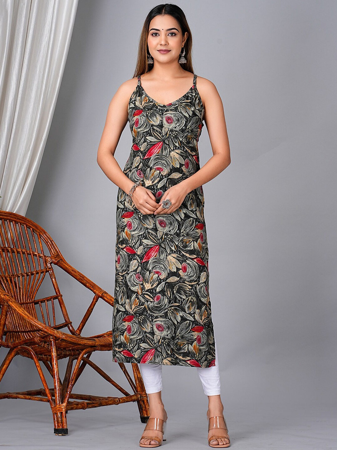 

KPF Floral Printed Shoulder Straps Straight Kurta, Grey