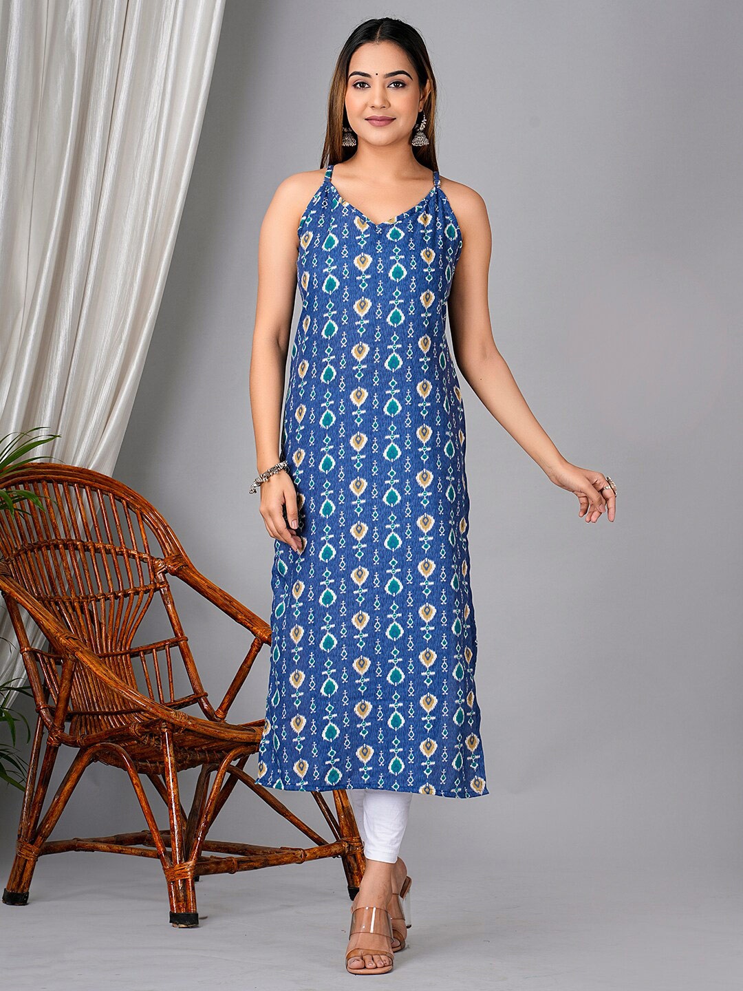 

KPF Floral Printed Shoulder Straps Straight Kurta, Blue