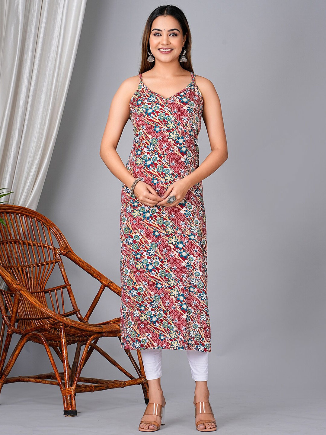 

KPF Floral Printed Shoulder Straps Straight Kurta, Red