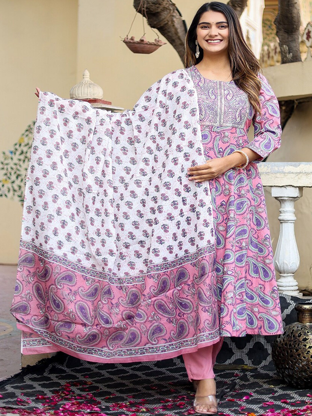 

KALINI Ethnic Motif Printed Thread Work Kurta With Trousers & Dupatta, Pink