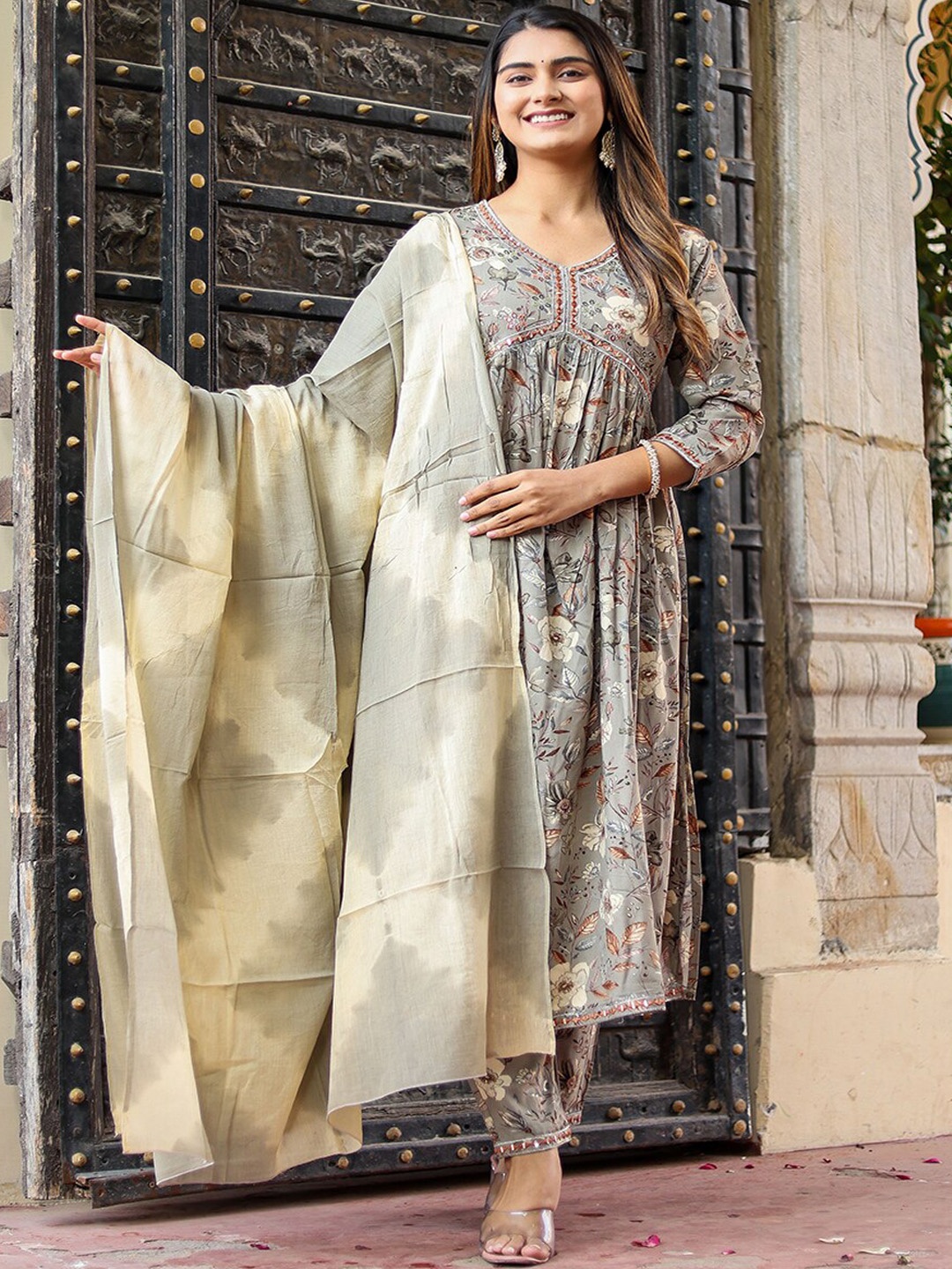 

KALINI Floral Printed Regular Mirror Work Kurta With Trousers & Dupatta, Grey