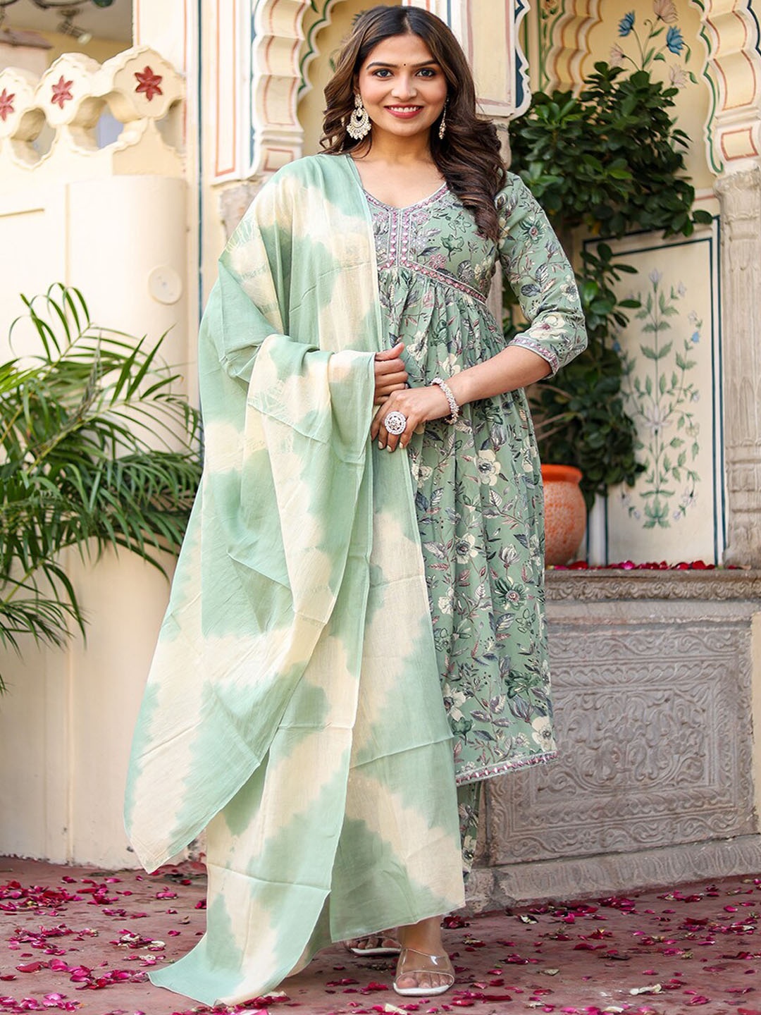 

KALINI Floral Printed Regular Mirror Work Kurta With Trousers & Dupatta, Green