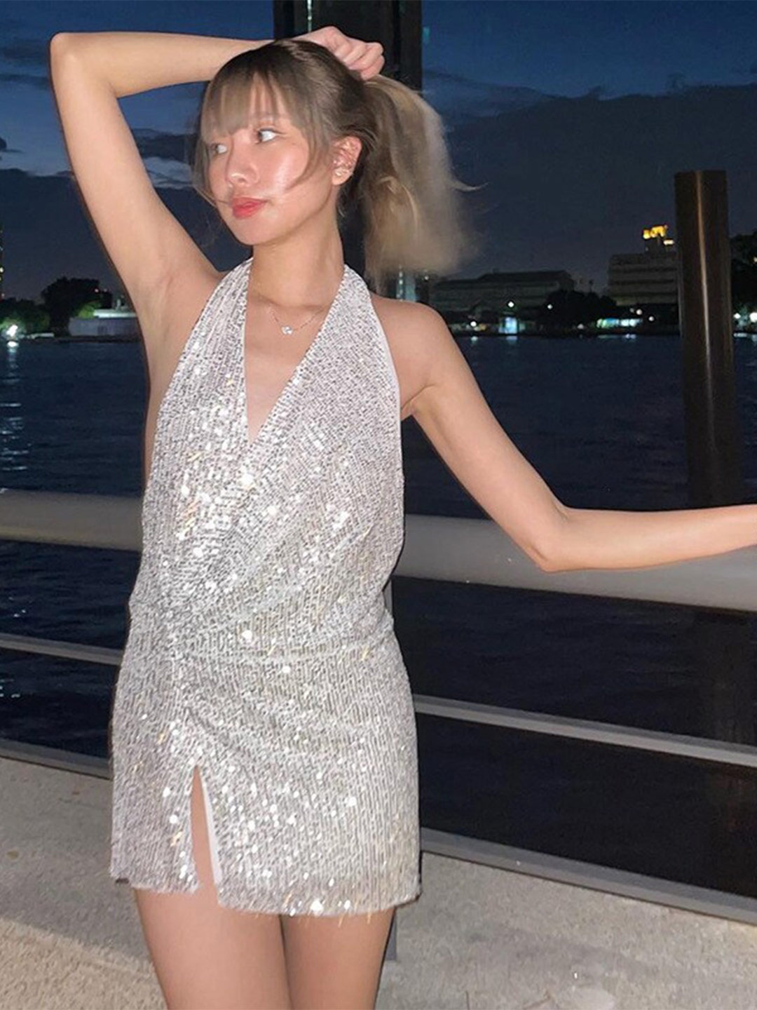 

StyleCast White Embellished Halter Neck Sheath Dress