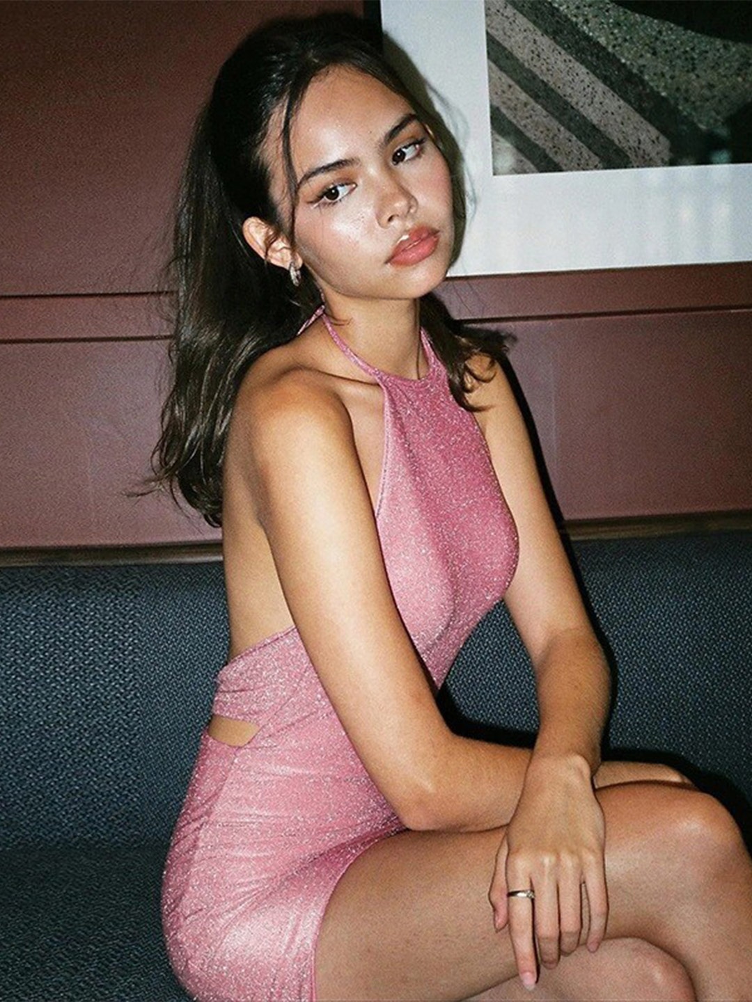 

StyleCast Pink Self Design Halter Neck Backless Bodycon Mini Dress
