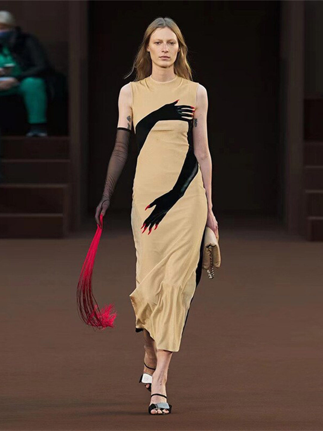 

StyleCast Beige Printed Sleeveless Sheath Midi Dress
