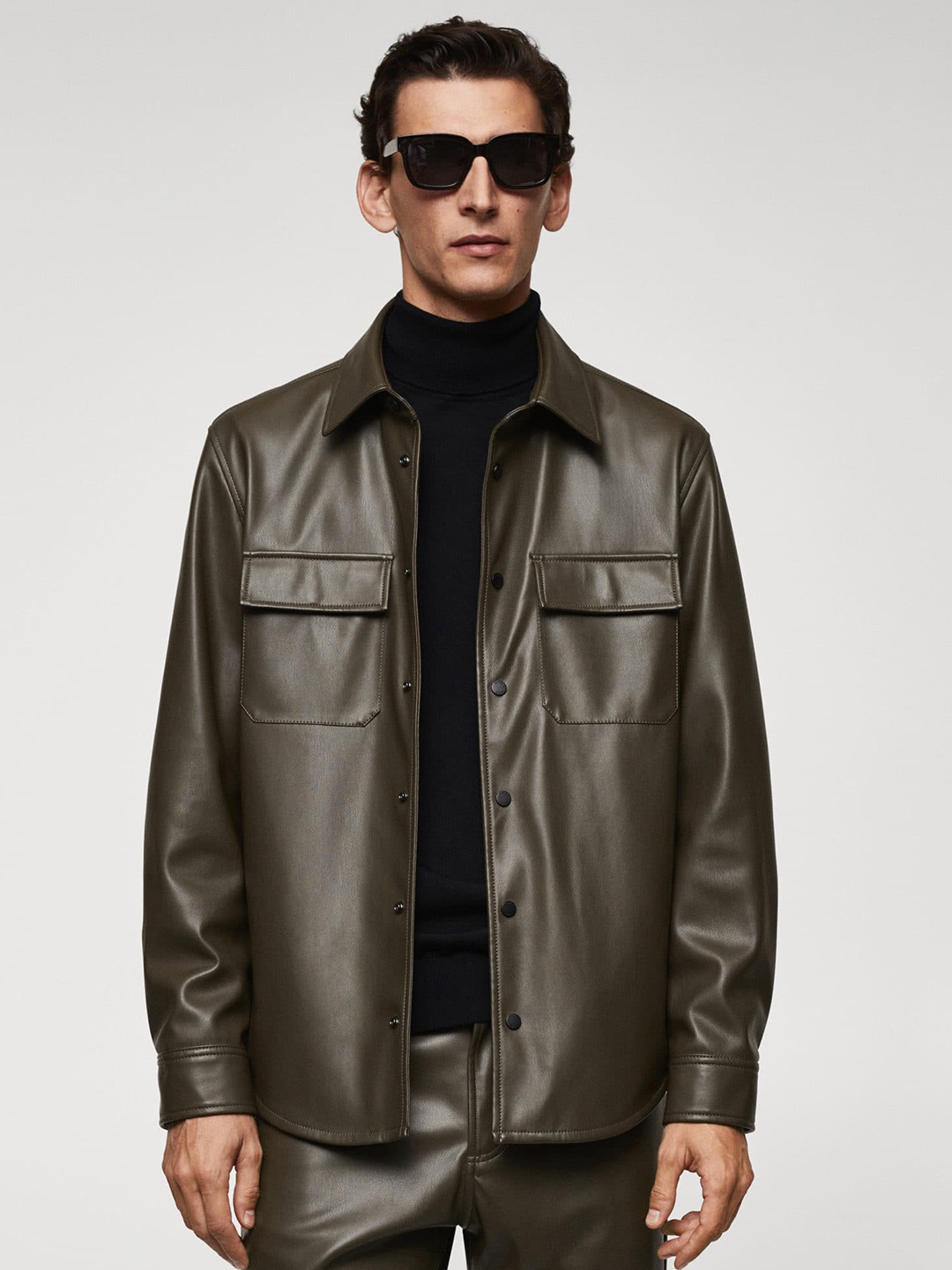 

MANGO MAN Faux Leather Shacket, Brown