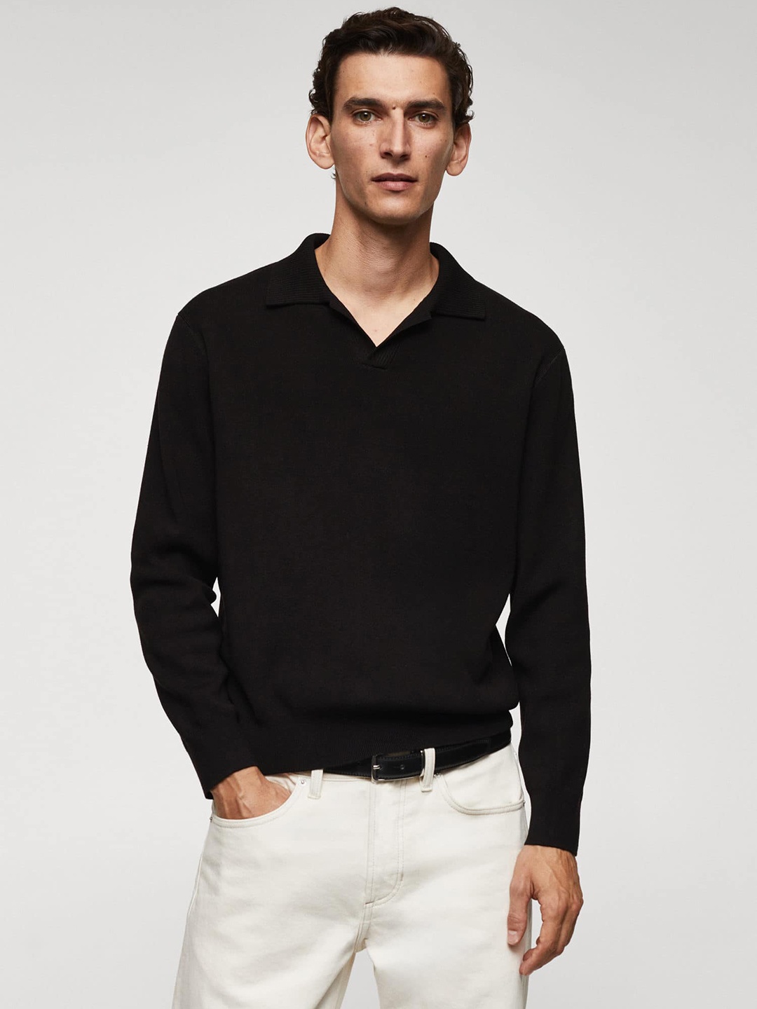

MANGO MAN Polo Collar Pullover, Black