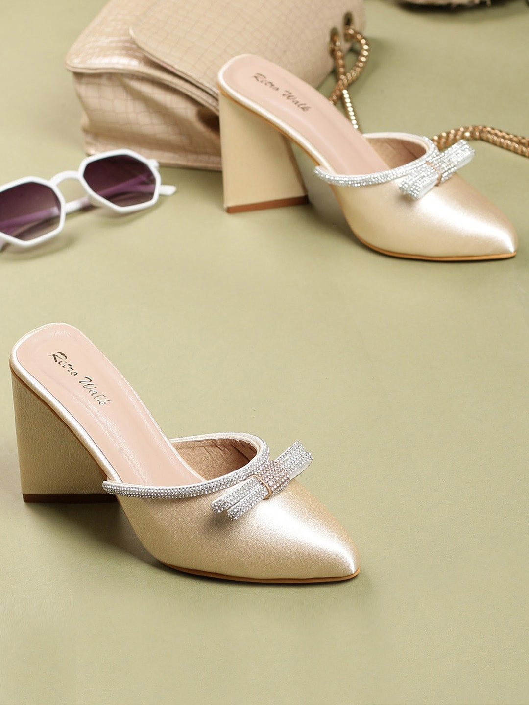 

Retro Walk Embellished Pointed Toe Block Mules, Cream