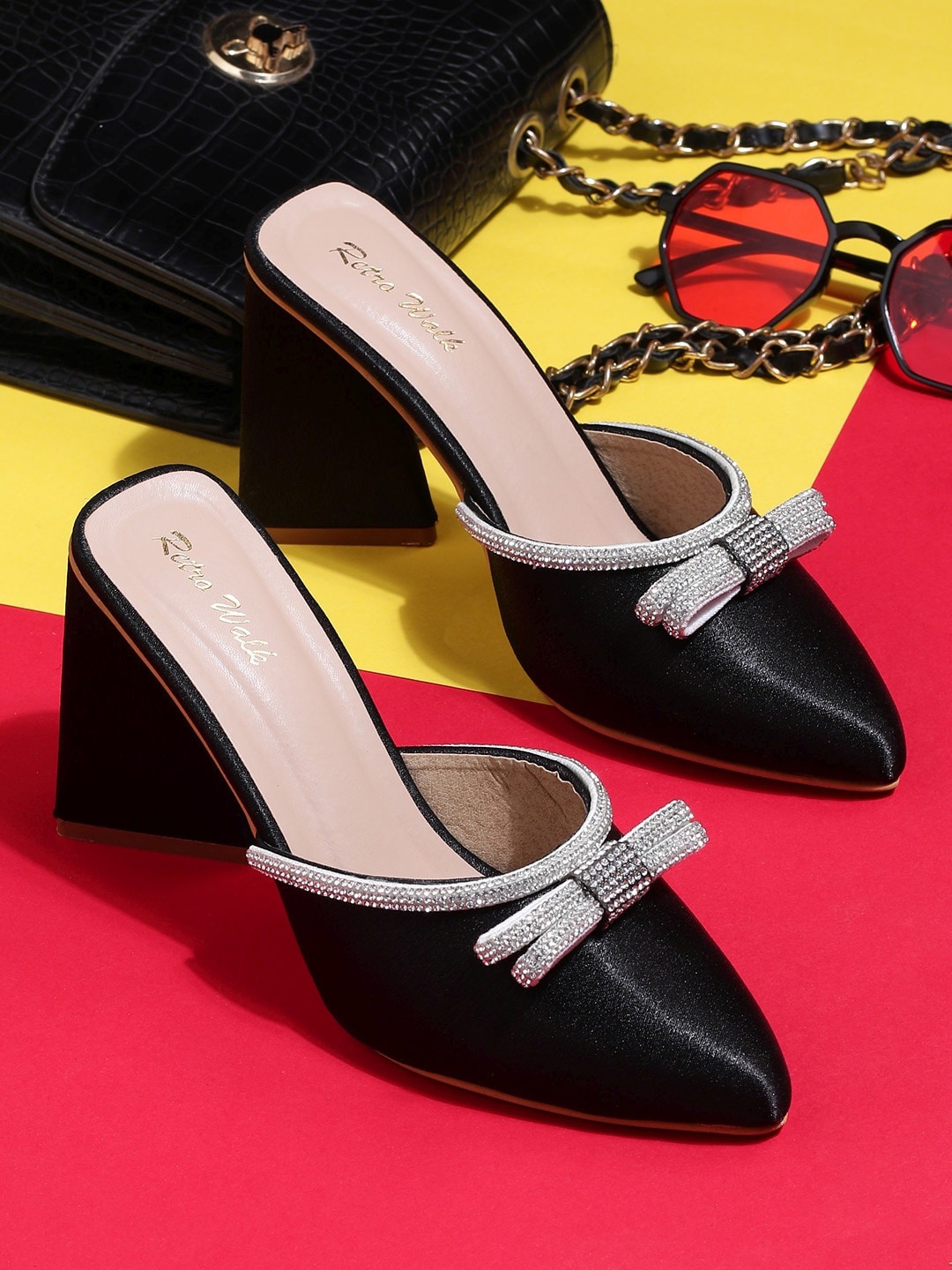 

Retro Walk Embellished Bows Deail Pointed Toe Block Heels, Black
