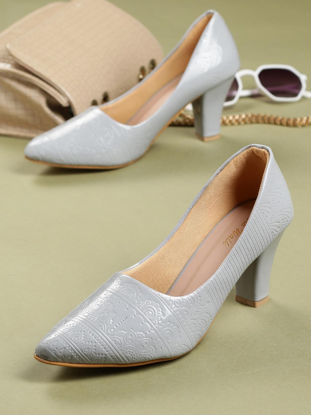 

Retro Walk Printed Pointed Toe Pumps Block Heels, Grey