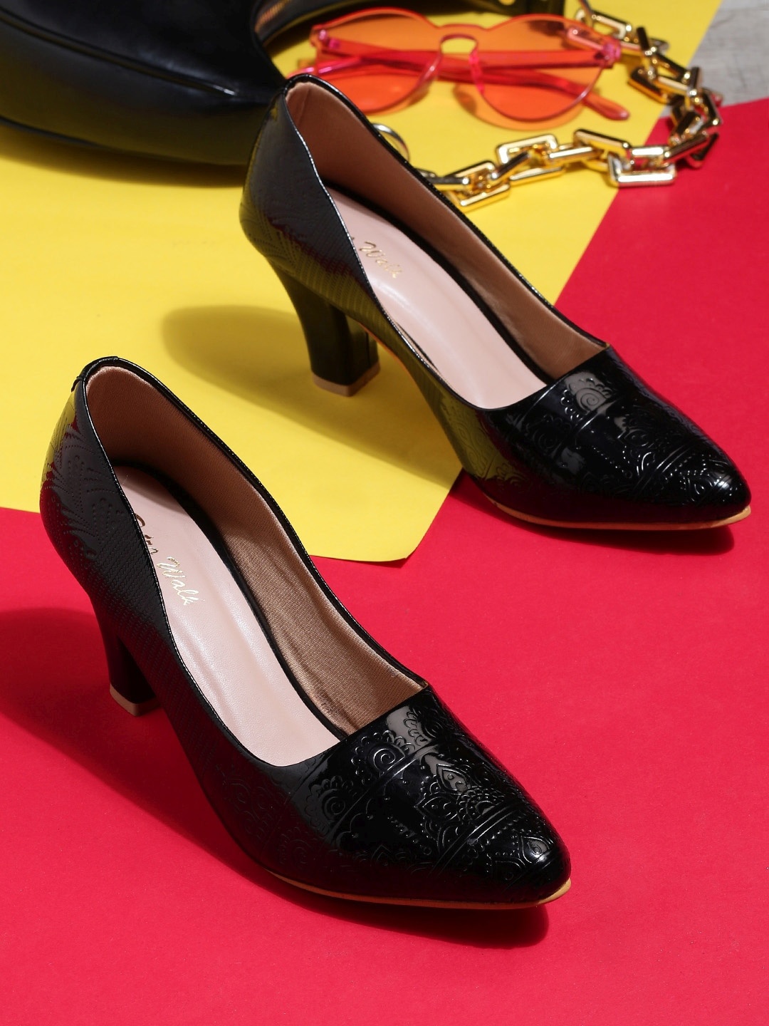 

Retro Walk Printed Pointed Toe Pumps Block Heels, Black