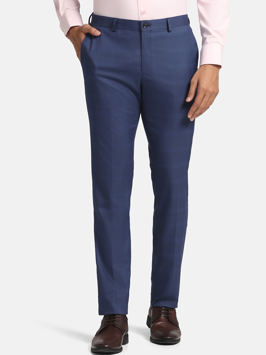 

Blackberrys Men B-91 Checked Low-Rise Easy Wash Formal Trousers, Blue