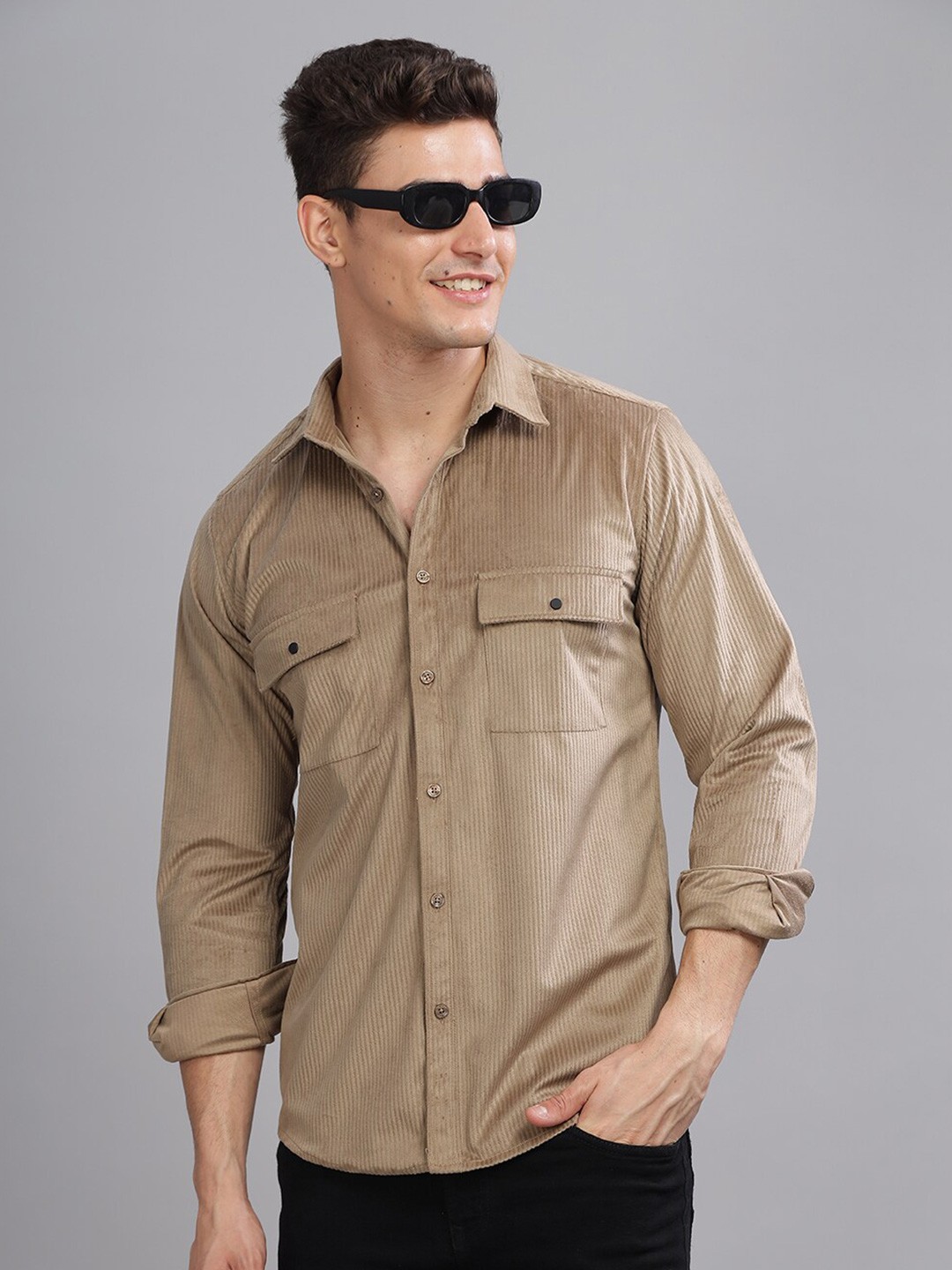 

PAUL STREET Standard Slim Fit Double Pocket Corduroy Casual Shirt, Brown