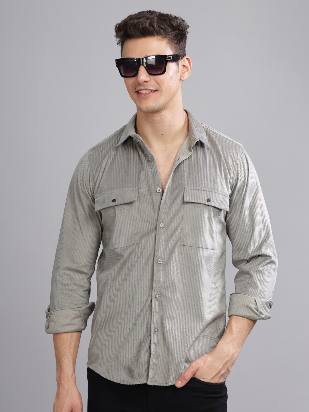 

PAUL STREET Standard Slim Fit Double Pocket Corduroy Casual Shirt, Grey