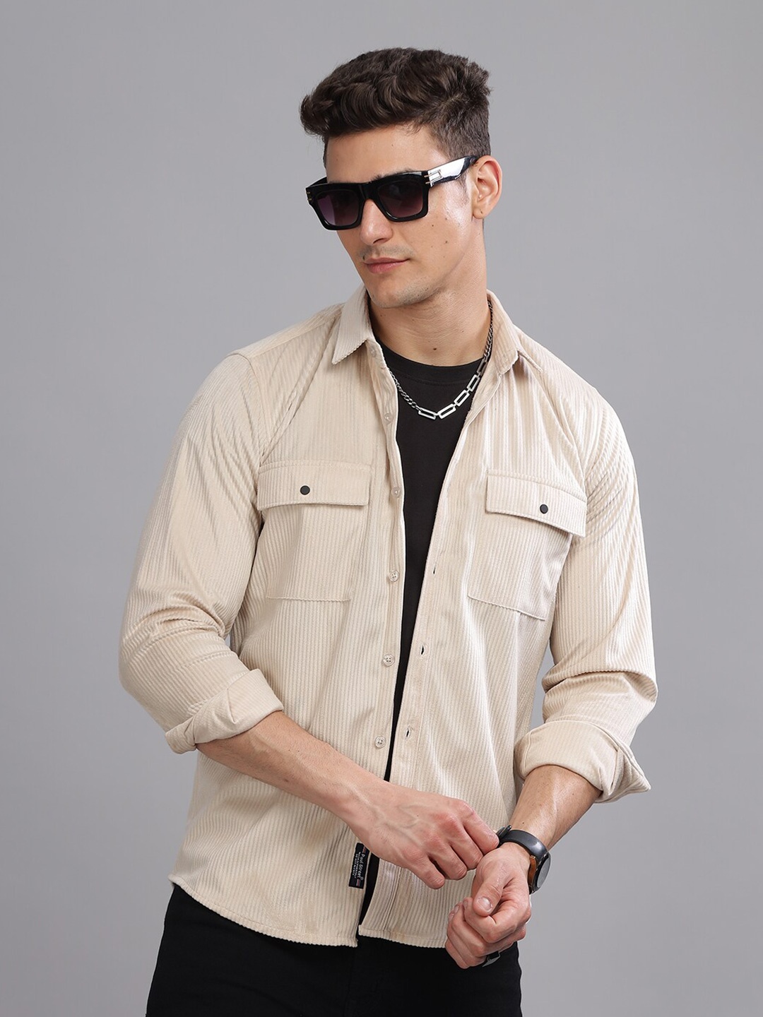 

PAUL STREET Standard Slim Fit Double Pocket Corduroy Casual Shirt, Cream
