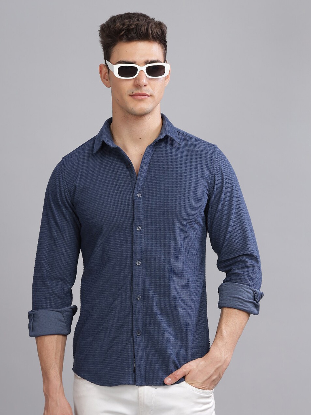 

PAUL STREET Standard Slim Fit Textured Wrinkle Free Corduroy Casual Shirt, Blue