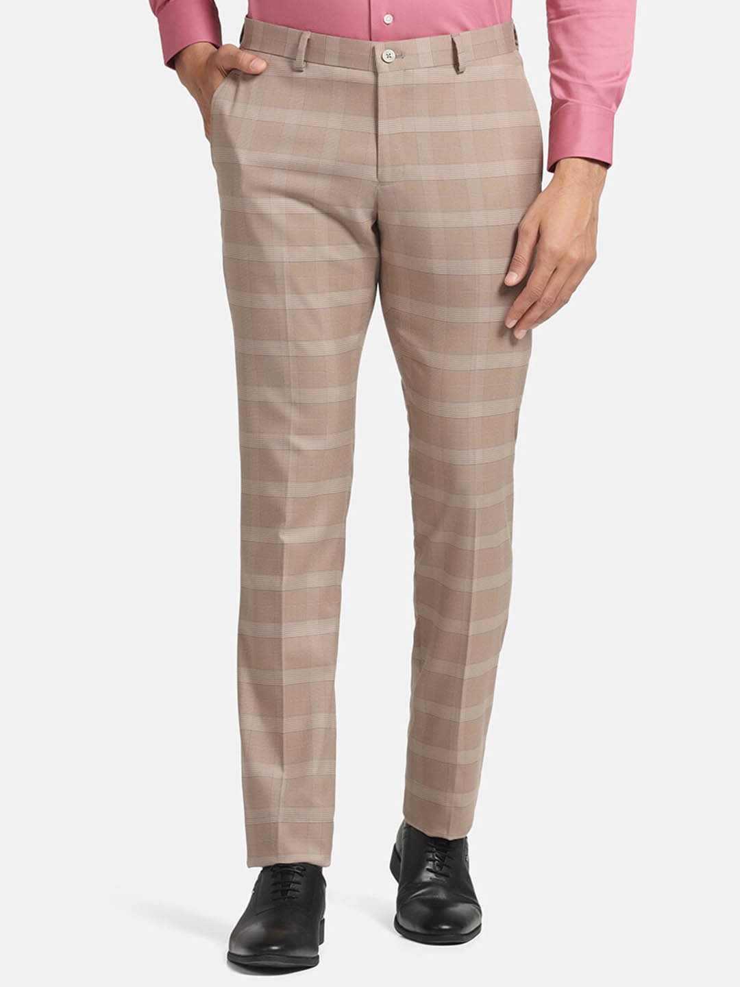 

Blackberrys Men B-91 Checked Low-Rise Easy Wash Formal Trousers, Beige