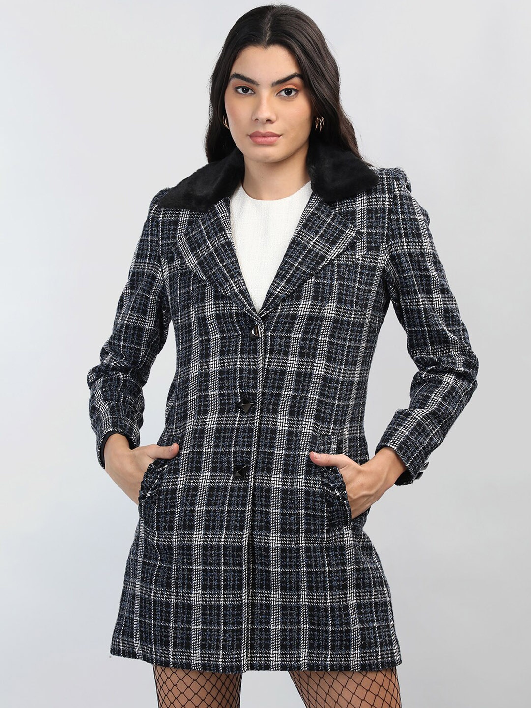 

Chemistry Checked Woollen Longline Overcoat, Navy blue