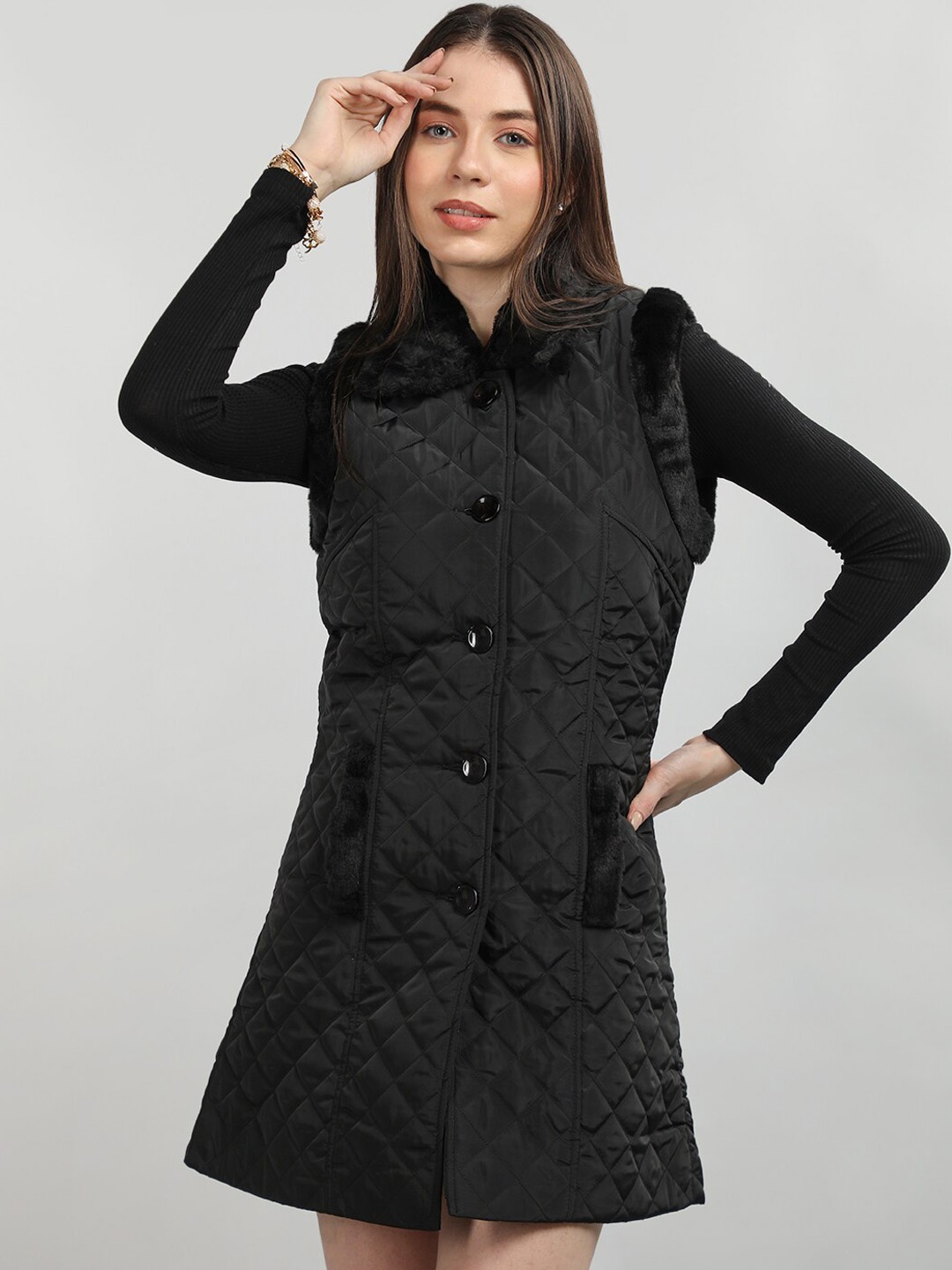 

Chemistry Spread Collar Woollen Longline Overcoat, Black