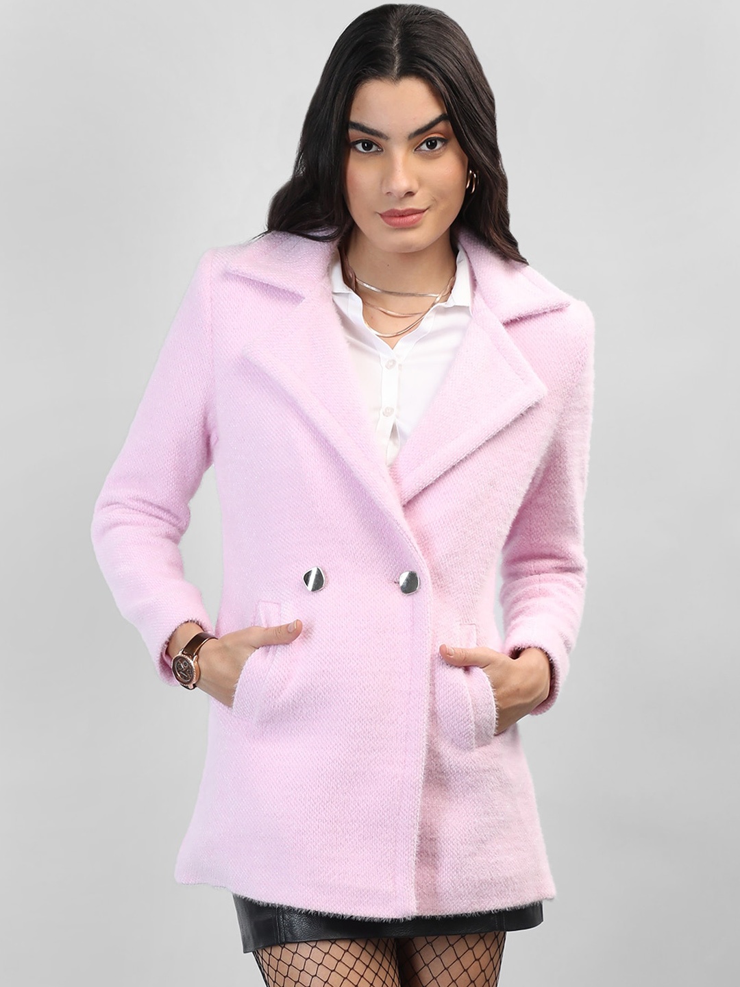 

Chemistry Notched Lapel Collar Double Breasted Woollen Overcoat, Pink