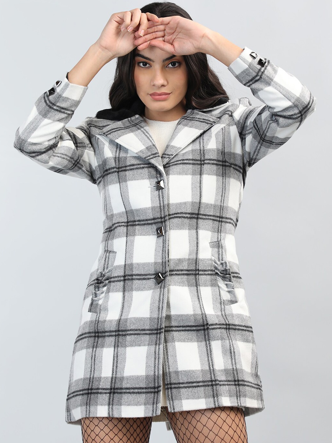 

Chemistry Checked Notched Lapel Collar Woollen Overcoat, Grey