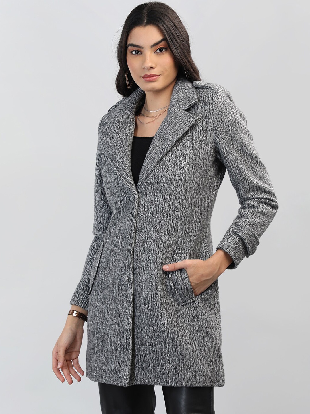 

Chemistry Printed Notched Lapel Collar Single Breasted Overcoat, Black