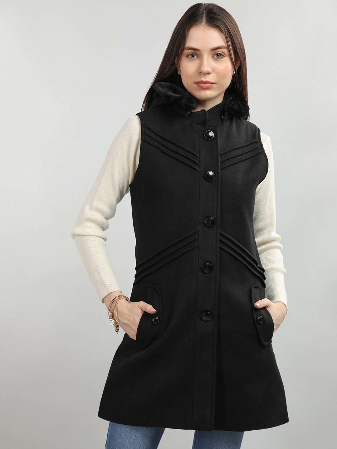 

Chemistry Single Breasted Mock Collar Woollen Overcoat, Black