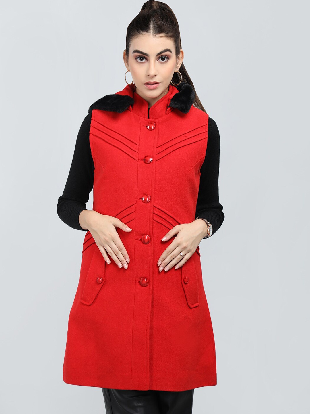 

Chemistry Single Breasted Mock Collar Faux Fur Trim Woollen Overcoat, Red