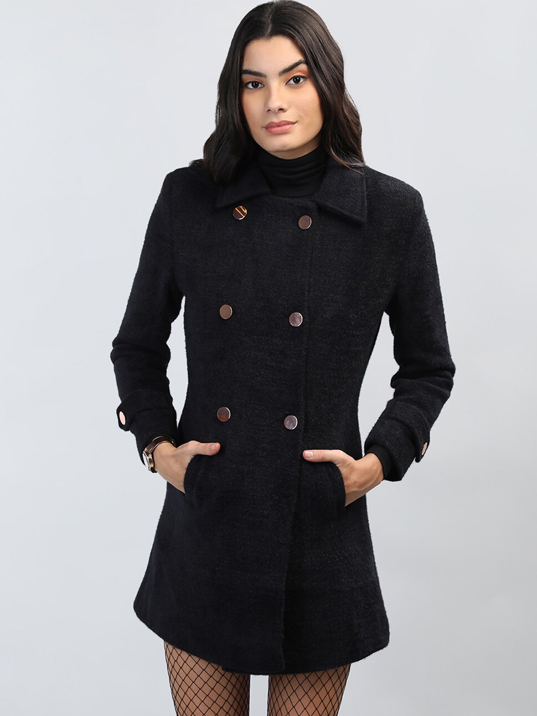 

Chemistry Spread Collar Longline Woollen Overcoat, Black