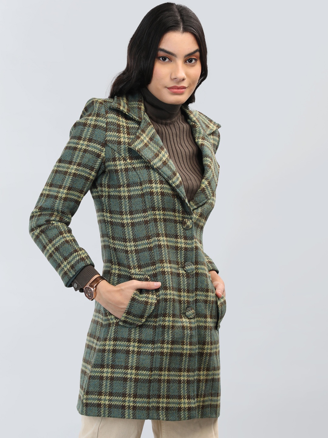 

Chemistry Women Olive Green Checked Woollen Fashion Jacket