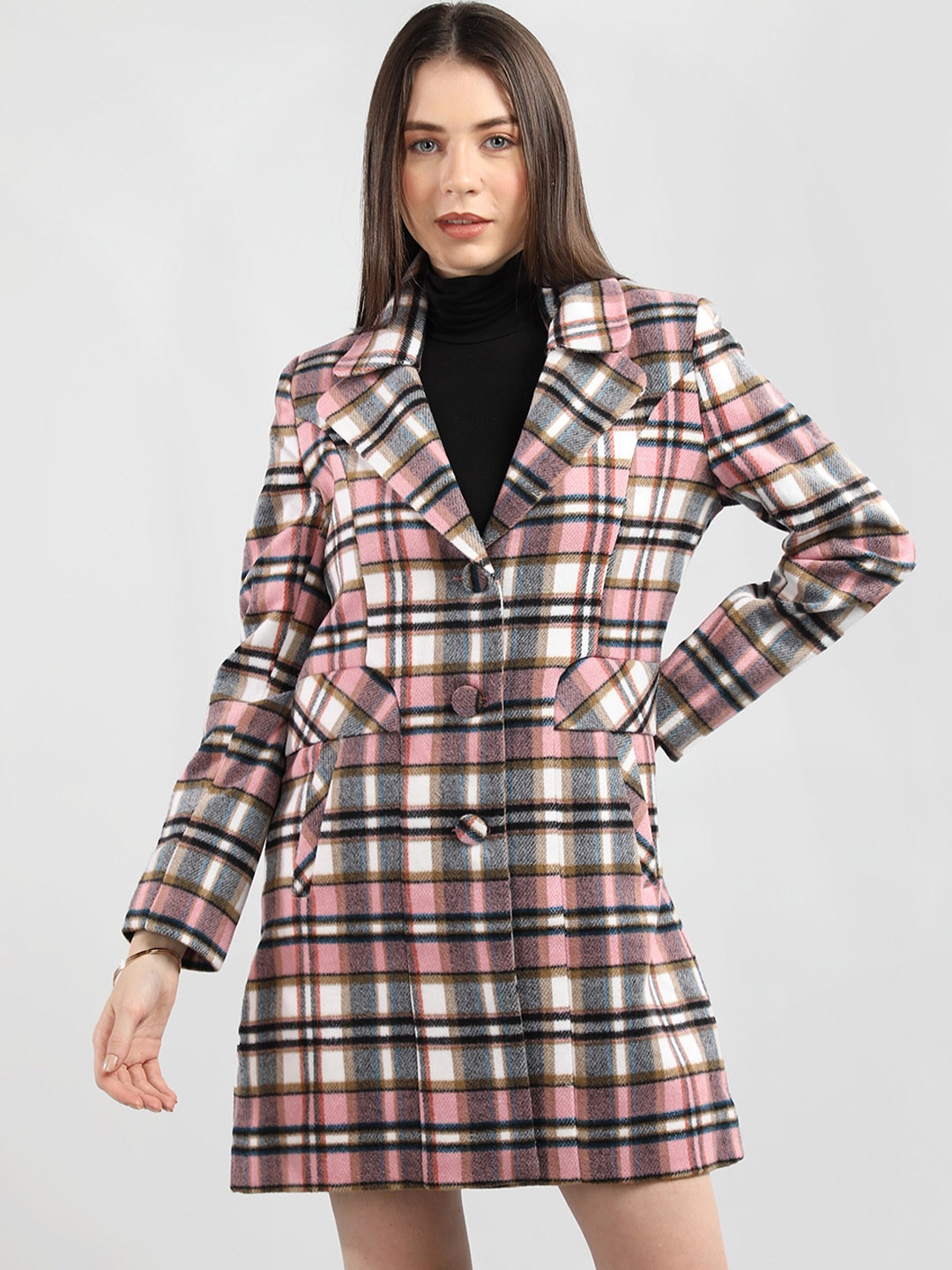 

Chemistry Checked Notched Lapel Woollen Overcoat, Pink