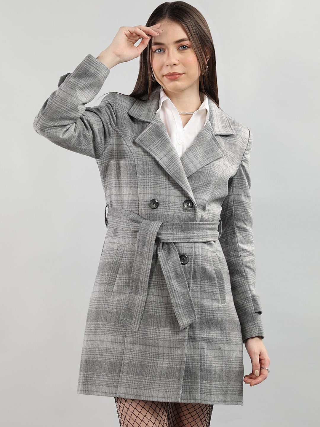 

Chemistry Checked Notched Lapel Woollen Overcoat, Grey