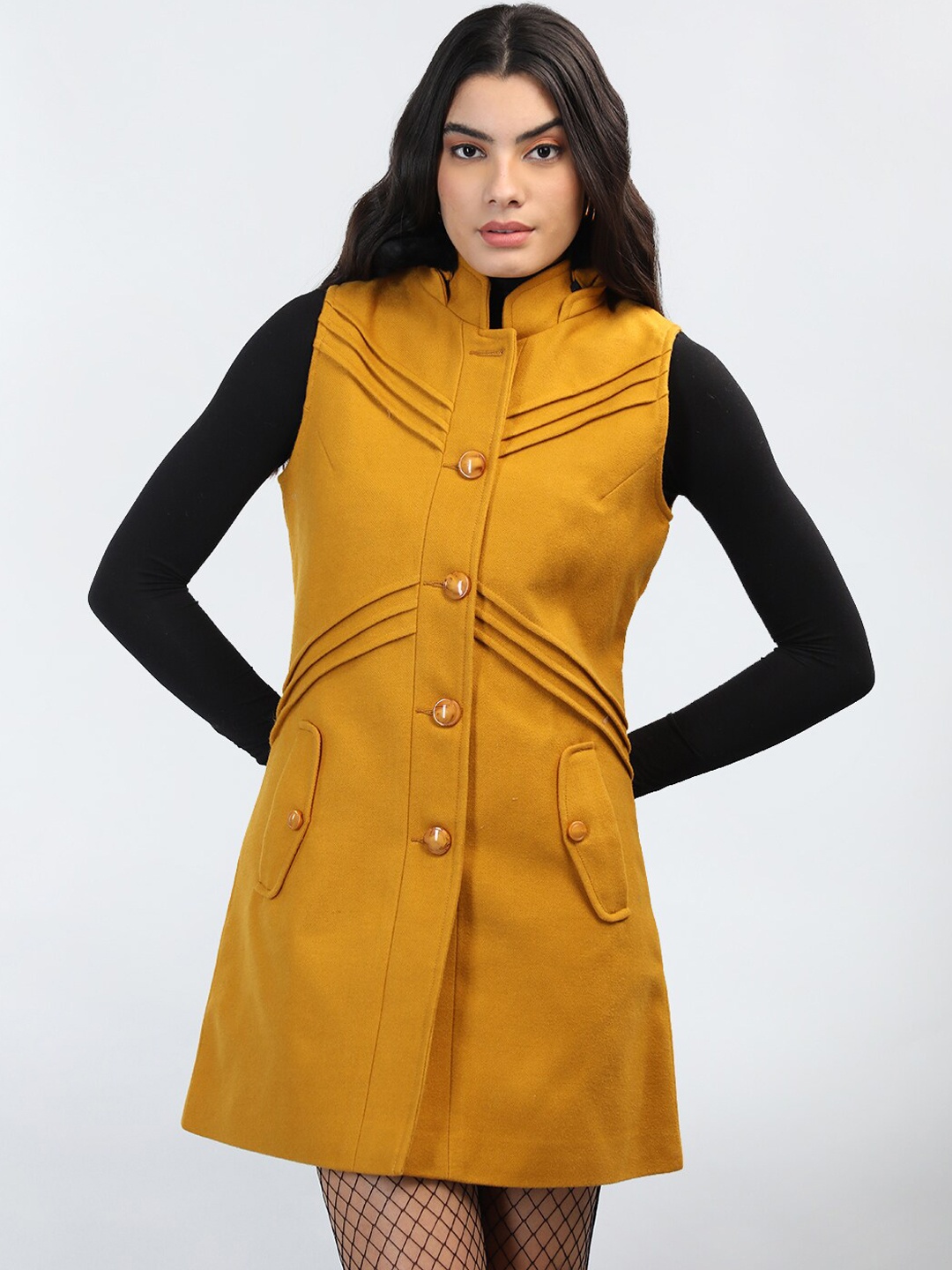 

Chemistry Stand Collar Single Breasted Woollen Overcoat, Gold