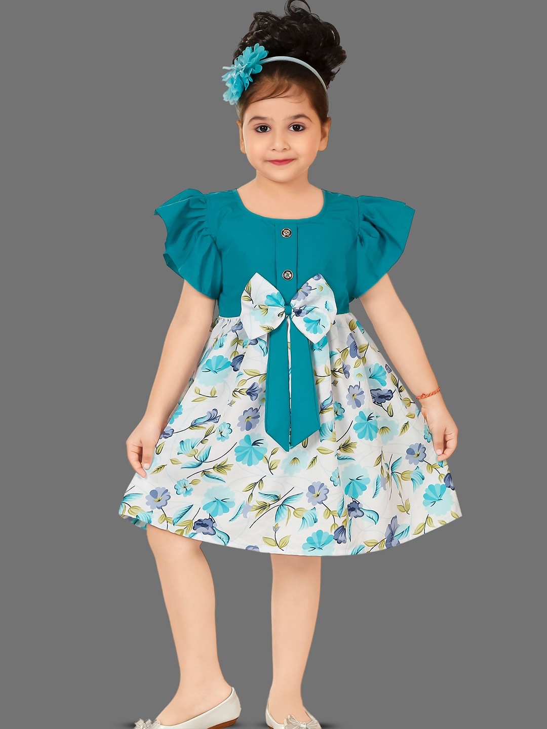 

BAESD Girls Round Neck Flutter Sleeves Cotton A-Line Dress, Teal