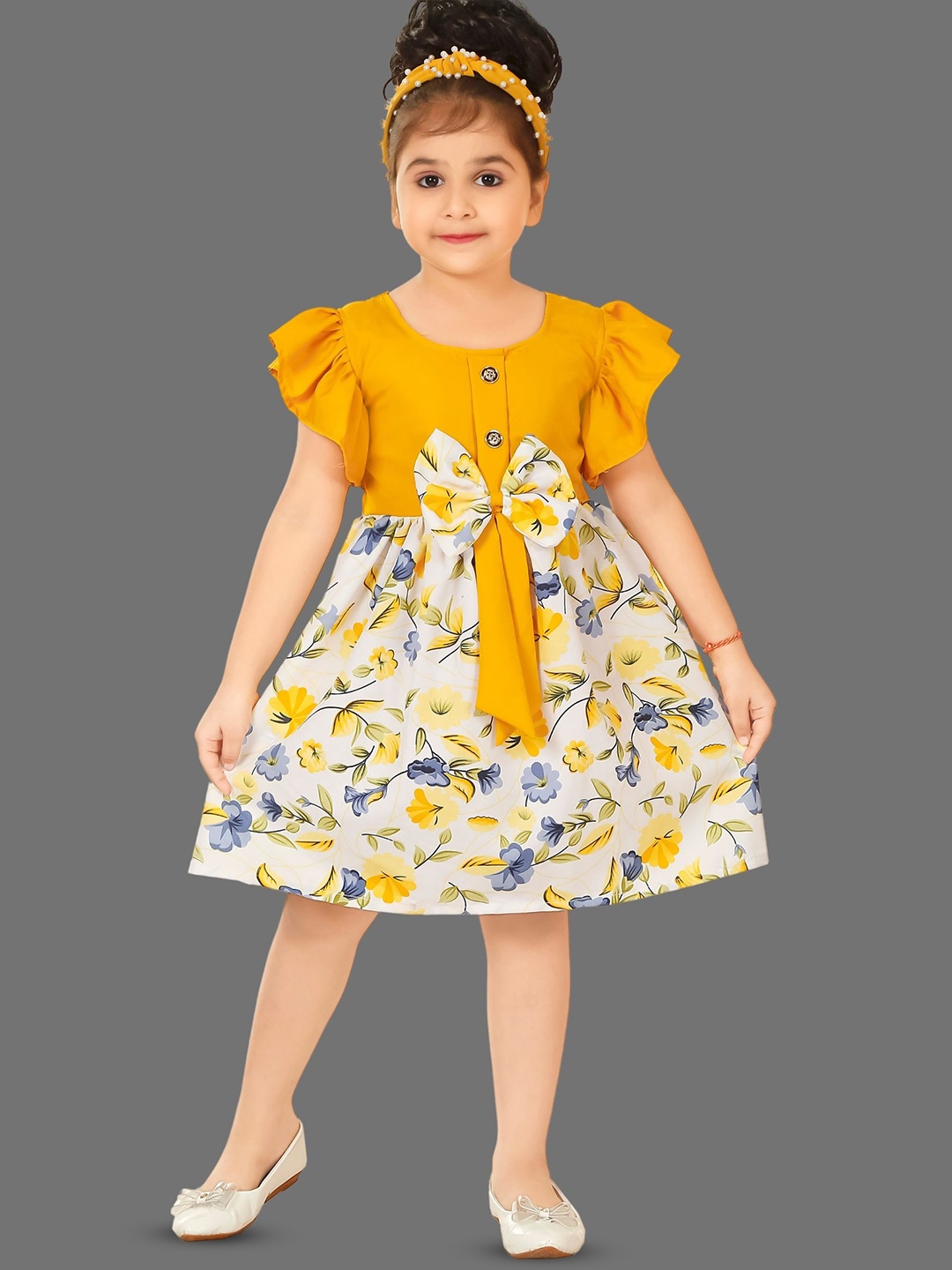 

BAESD Girls Round Neck Flutter Sleeves Cotton A-Line Dress, Yellow