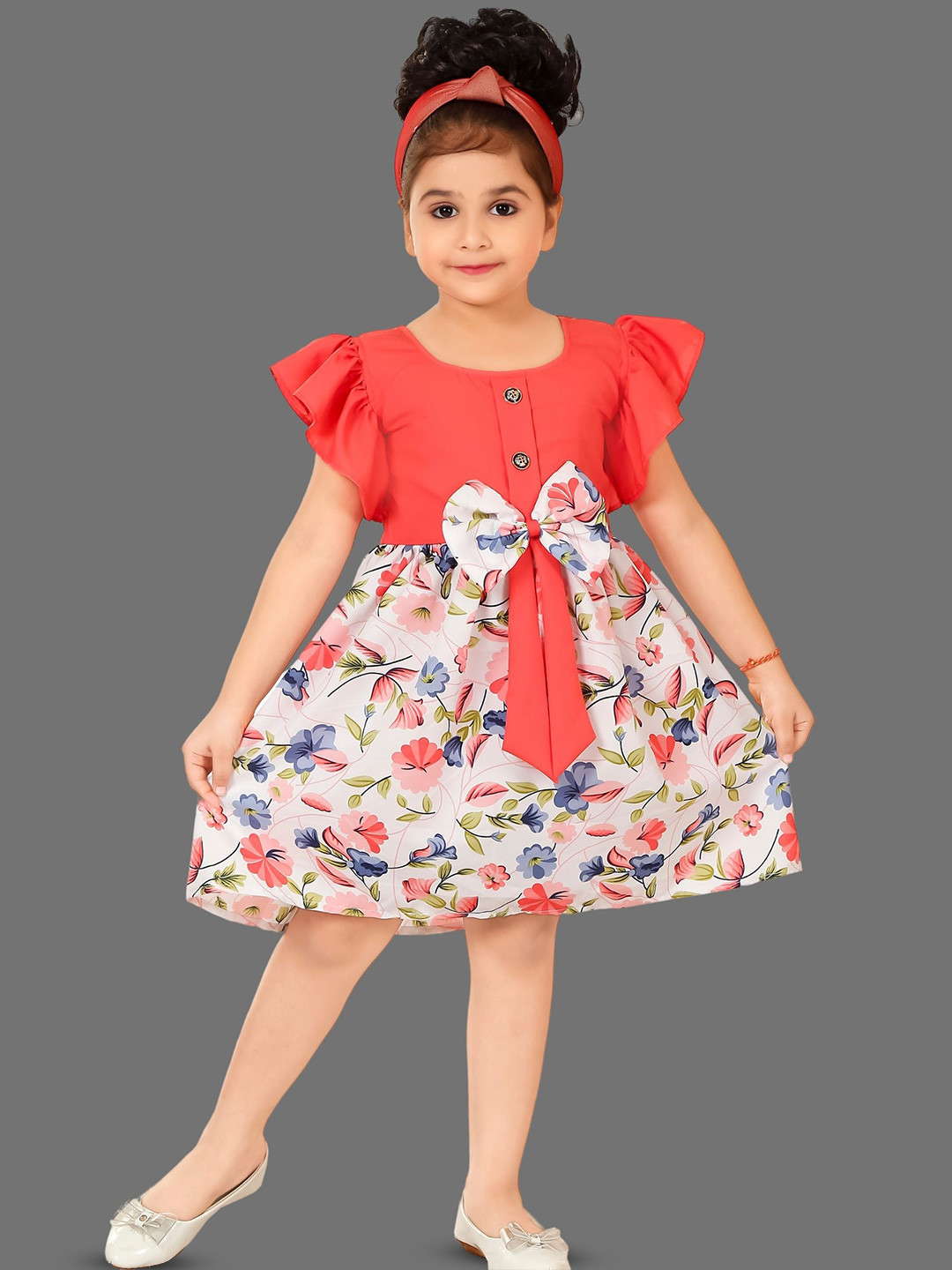 

BAESD Girls Round Neck Flutter Sleeves Cotton A-Line Dress, Red