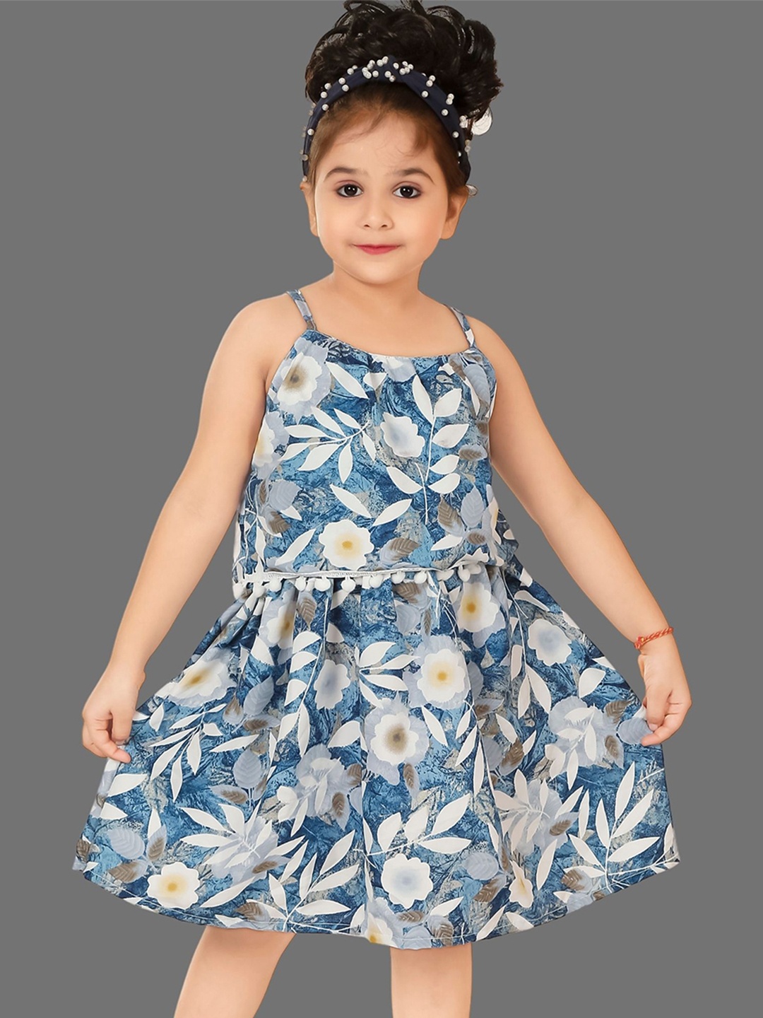 

BAESD Girls Floral Printed Pom-Pom Detailed Cotton Fit & Flare Dress, Blue