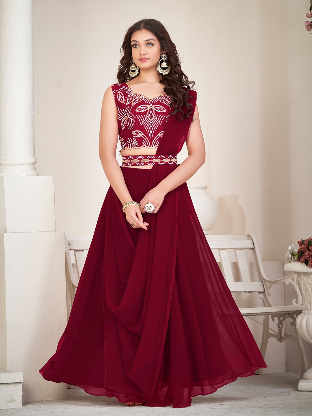 

KALINI Embroidered Ready to Wear Lehenga & Unstitched Blouse With Dupatta, Maroon