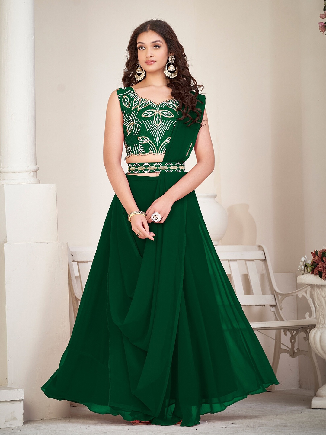 

KALINI Embroidered Ready to Wear Lehenga & Unstitched Blouse With Dupatta, Green