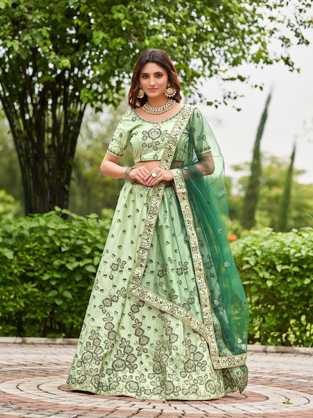 

KALINI Embroidered Ready to Wear Lehenga & Unstitched Blouse With Dupatta, Sea green