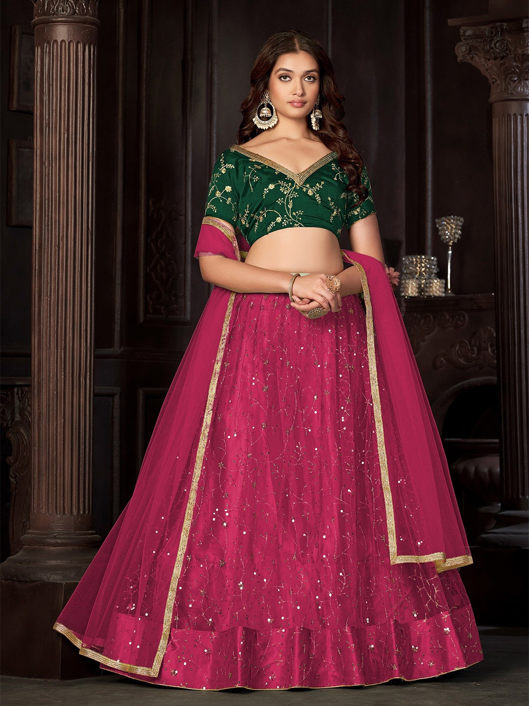 

KALINI Embroidered Ready to Wear Lehenga & Unstitched Blouse With Dupatta, Green