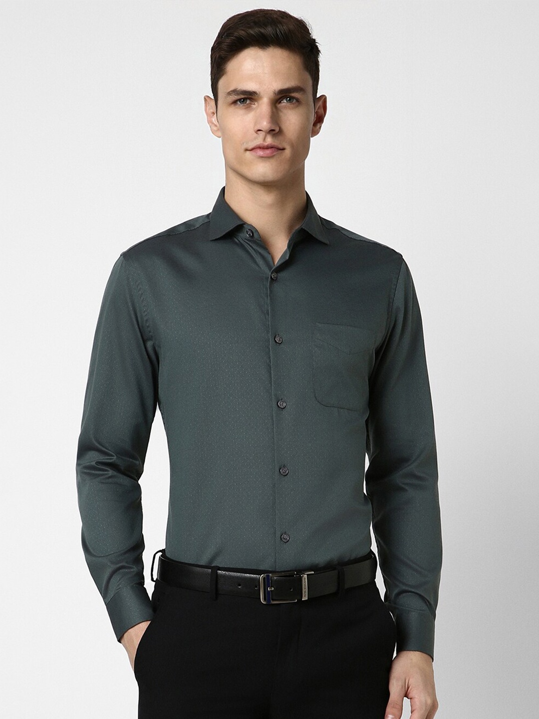 

Peter England Elite Slim Fit Micro Ditsy Printed Pure Cotton Formal Shirt, Green