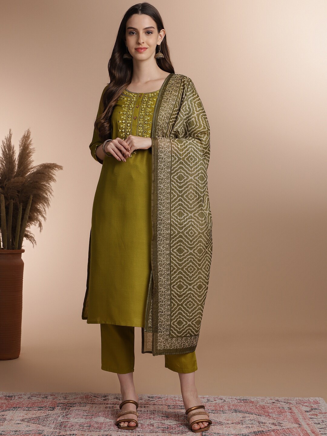 

Anouk Olive Green Ethnic Motifs Yoke Design Mirror Work Kurta with Trousers & Dupatta