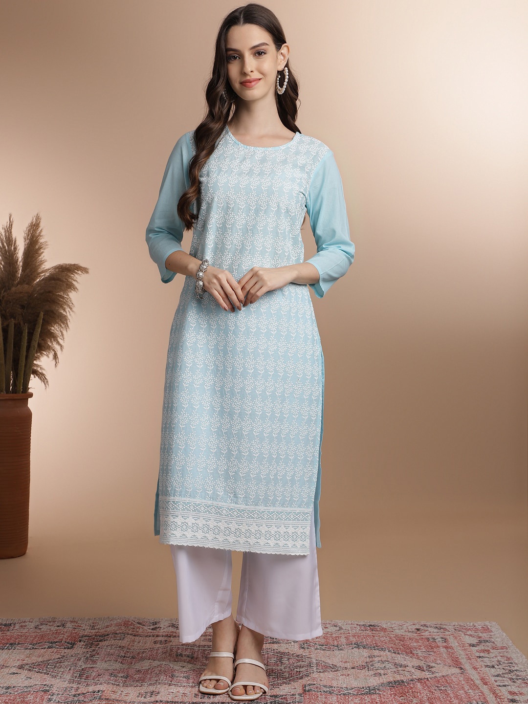 

Anouk Blue Ethnic Motifs Embroidered Pure Cotton Kurta with Trousers