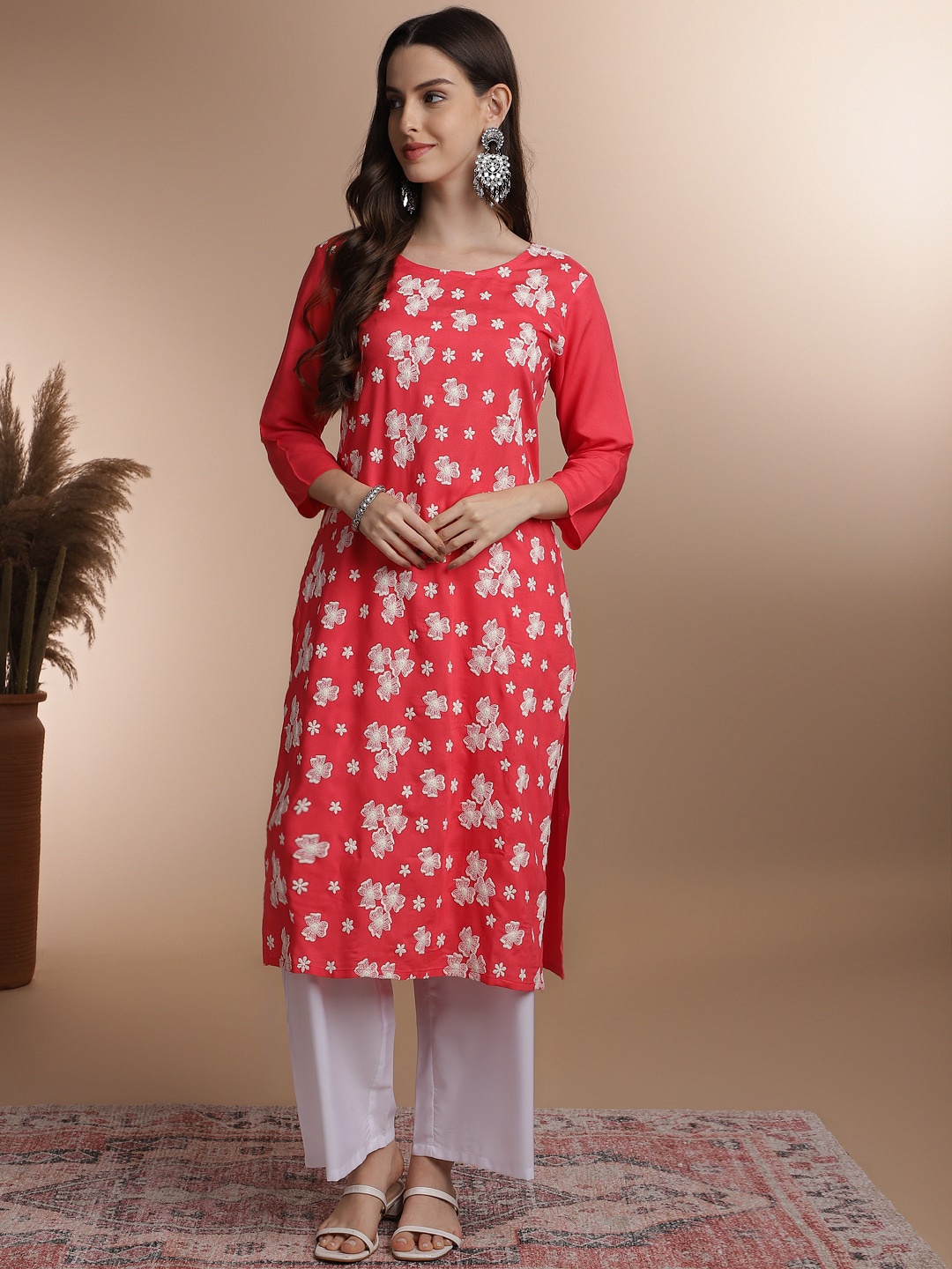 

Anouk Women Floral Straight A-Line Kurta, Coral