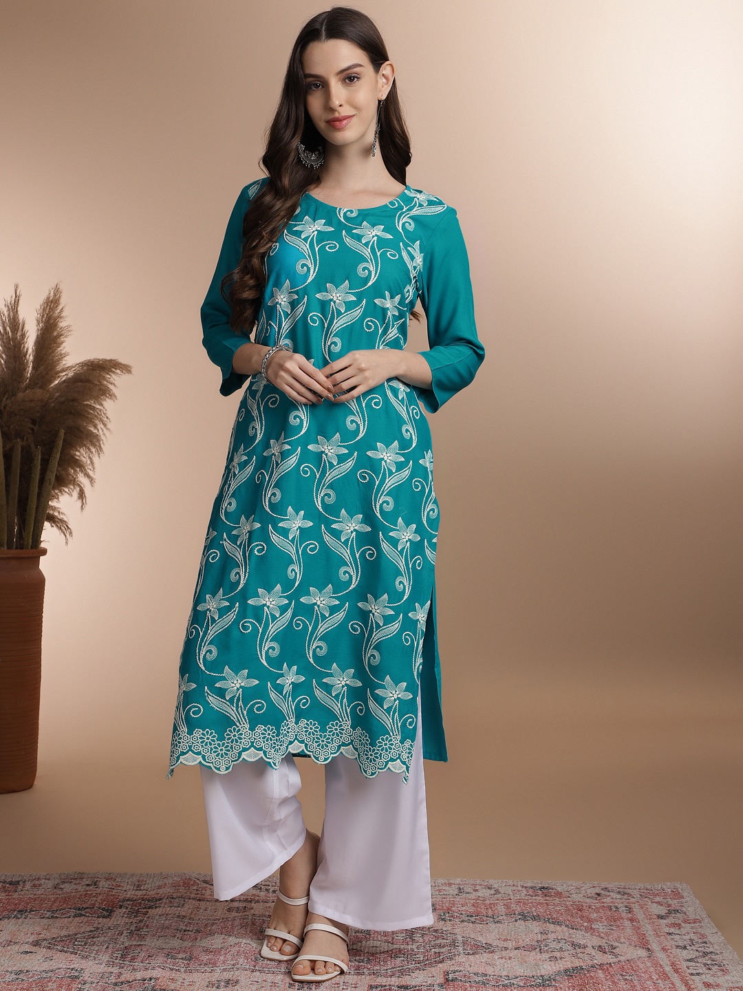 

Anouk Women Floral Straight A-Line Kurta, Teal